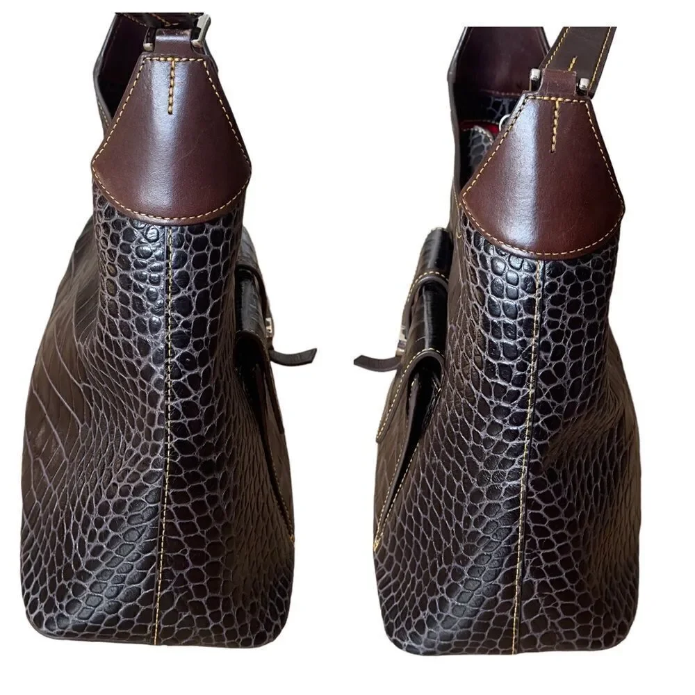 DOONEY & BOURKE Brown Crocodile Embossed Leather Hobo Shoulder Handbag
